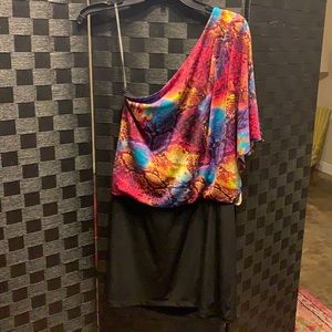 Colorful snake print and black mini dress